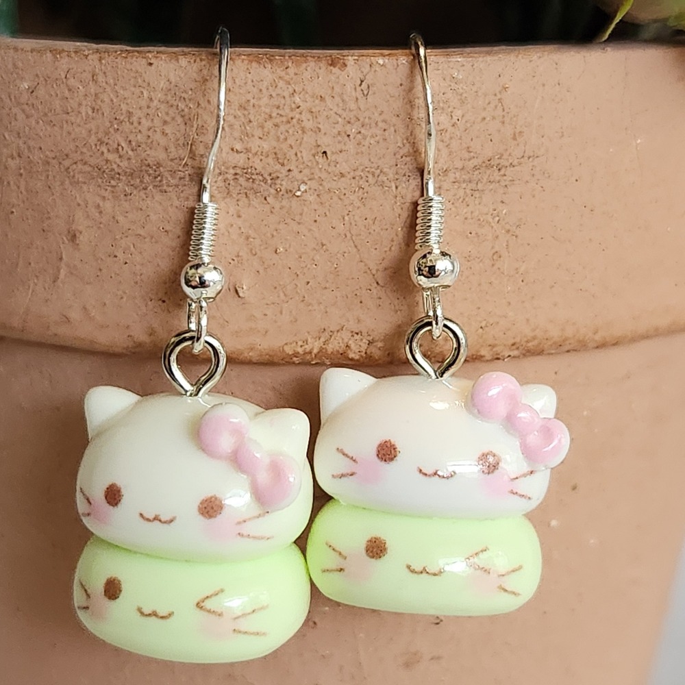 Pastel Green Mochi Cat Drop Earrings Kitty Bow Dangle Jewelry Handmade 1.5"β